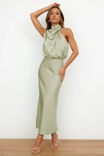 Helena™ | Long Satin Dress with Halter Neckline