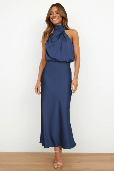 Helena™ | Long Satin Dress with Halter Neckline