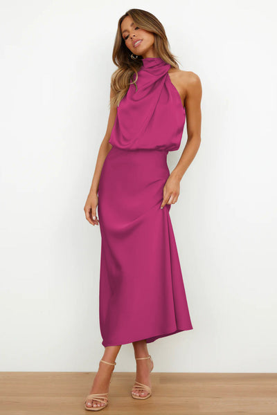 Helena™ | Long Satin Dress with Halter Neckline