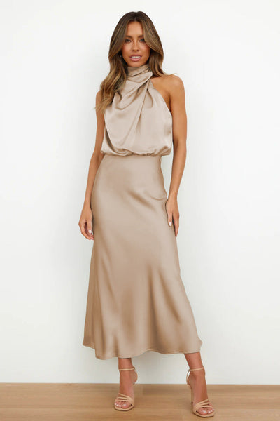 Helena™ | Long Satin Dress with Halter Neckline
